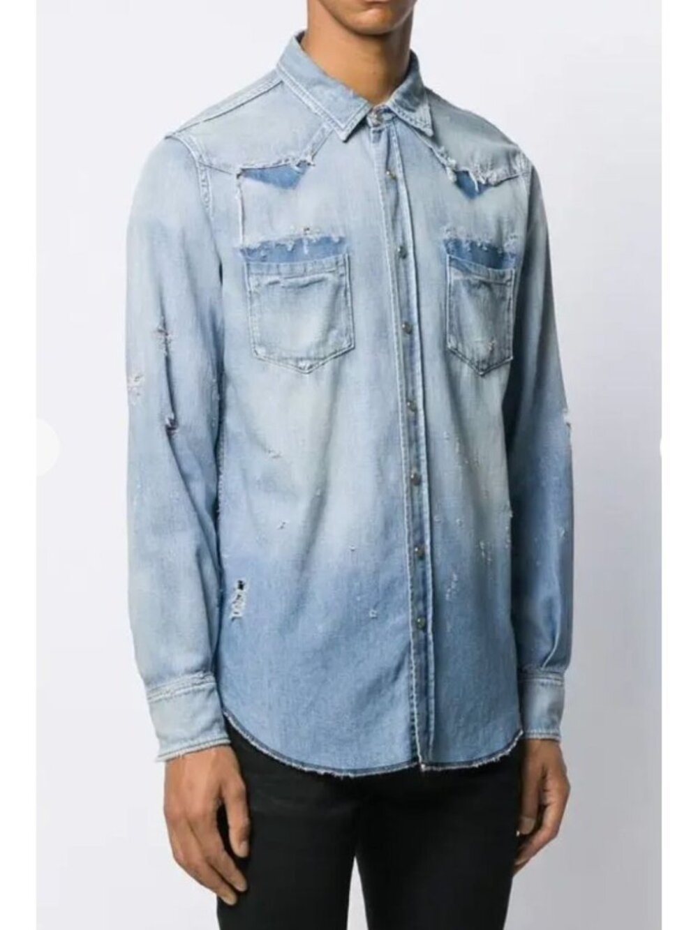 YSL Saint Laurent Paris Distressed Western Denim Shirt Blue Size Large